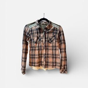 Girls Miss Me Plaid and Lace Button Up Shirt Sz L Y2K
